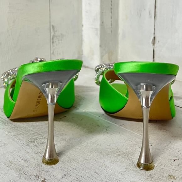 MACH & MACH Double Bow Crystal-Embellished Satin Mules Green Women Size 40 / 9.5 - Picture 6 of 8